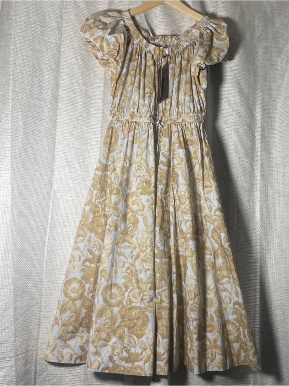 Zandra Stone Beige White
Floral Midi Dress 100% Cotton
Puff Sleeve Ruffle M